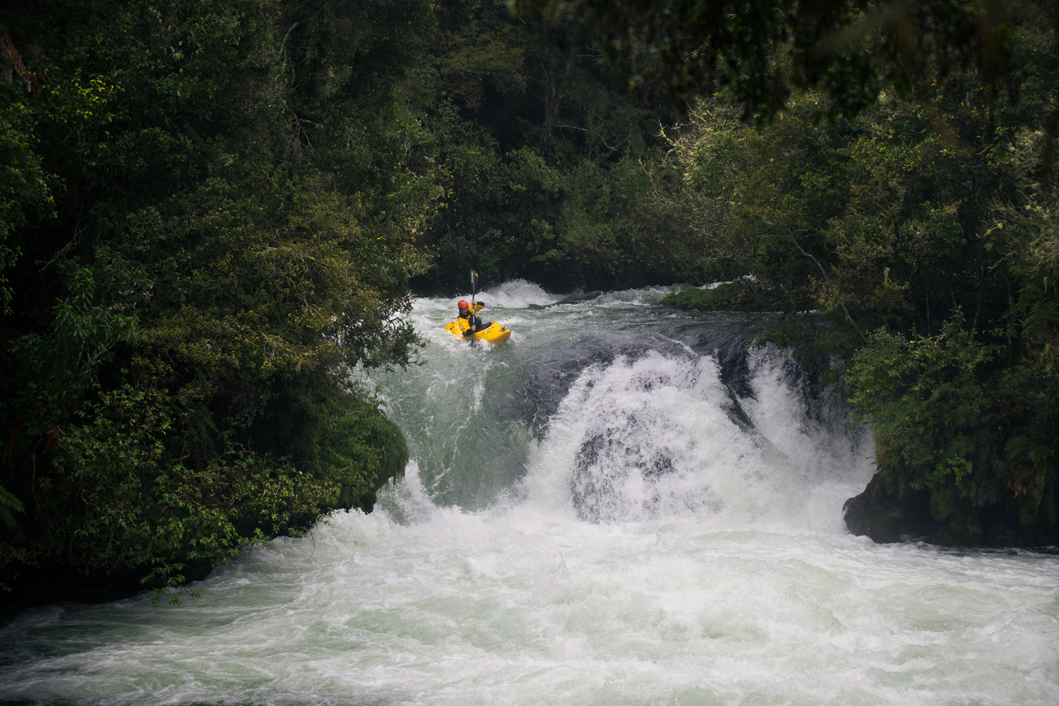 Ryan approaches the lip of the Trout Pools waterfall on the Kaituna River.