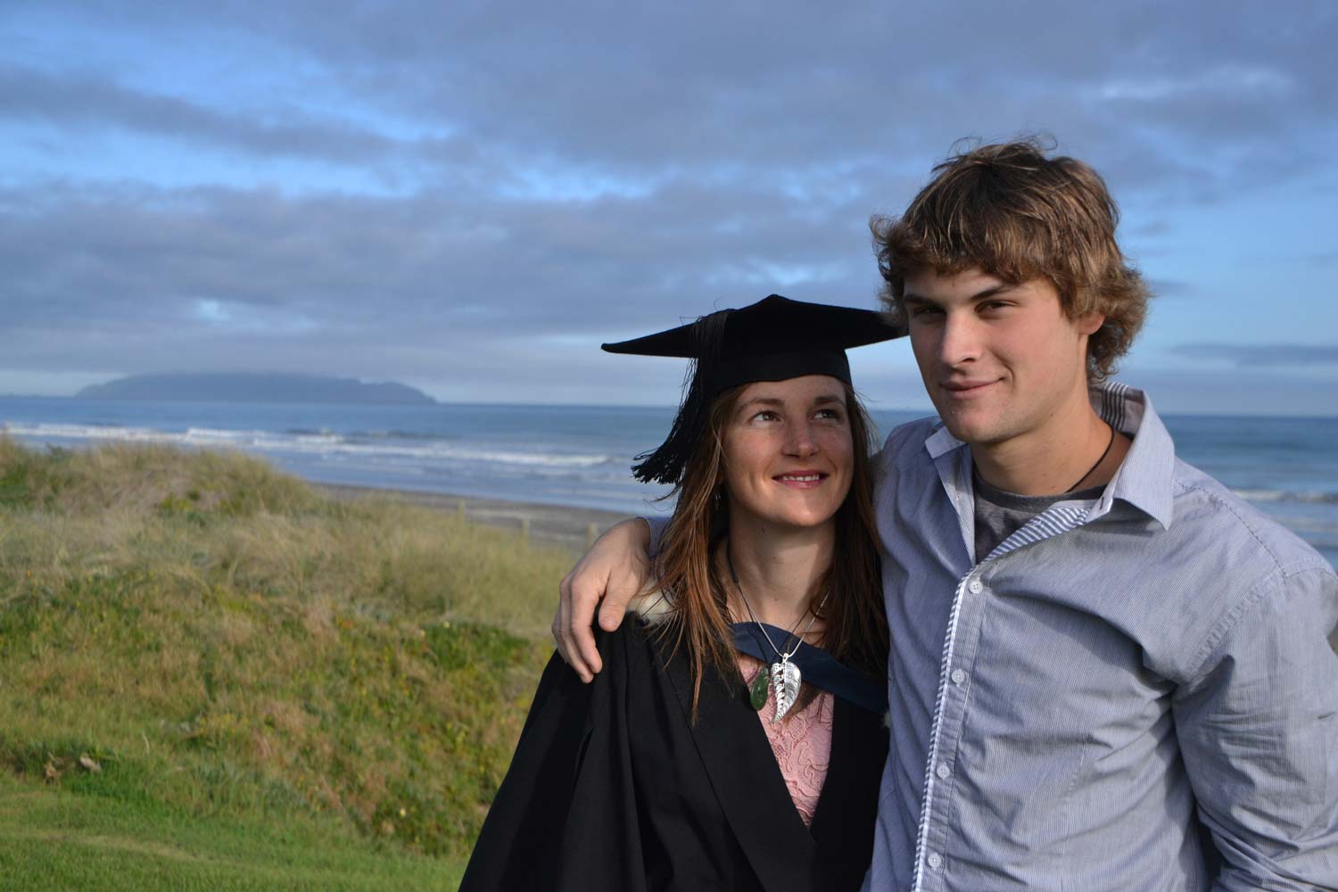 Louise and Ryan at Otaki Beach on her graduation day. She graduated with a bachelor of arts from Massey University.